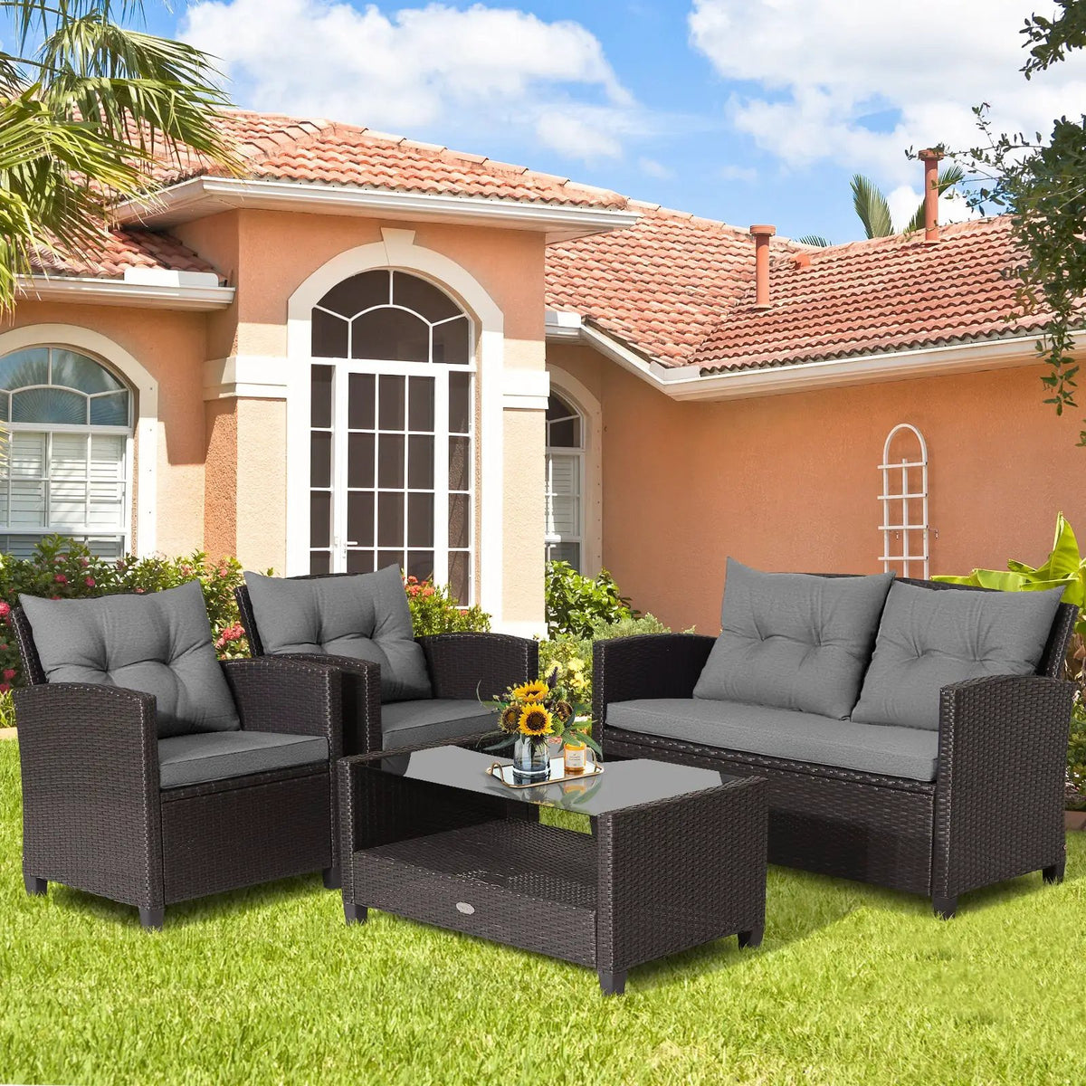 4 Pieces Patio Rattan Conversation Furniture Set with Glass Top Coffee Table-Gray by DirectDeals