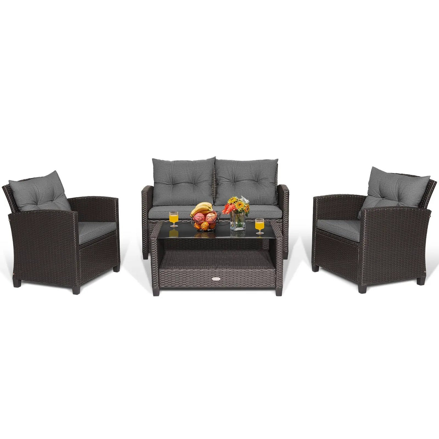 4 Pieces Patio Rattan Conversation Furniture Set with Glass Top Coffee Table-Gray by DirectDeals