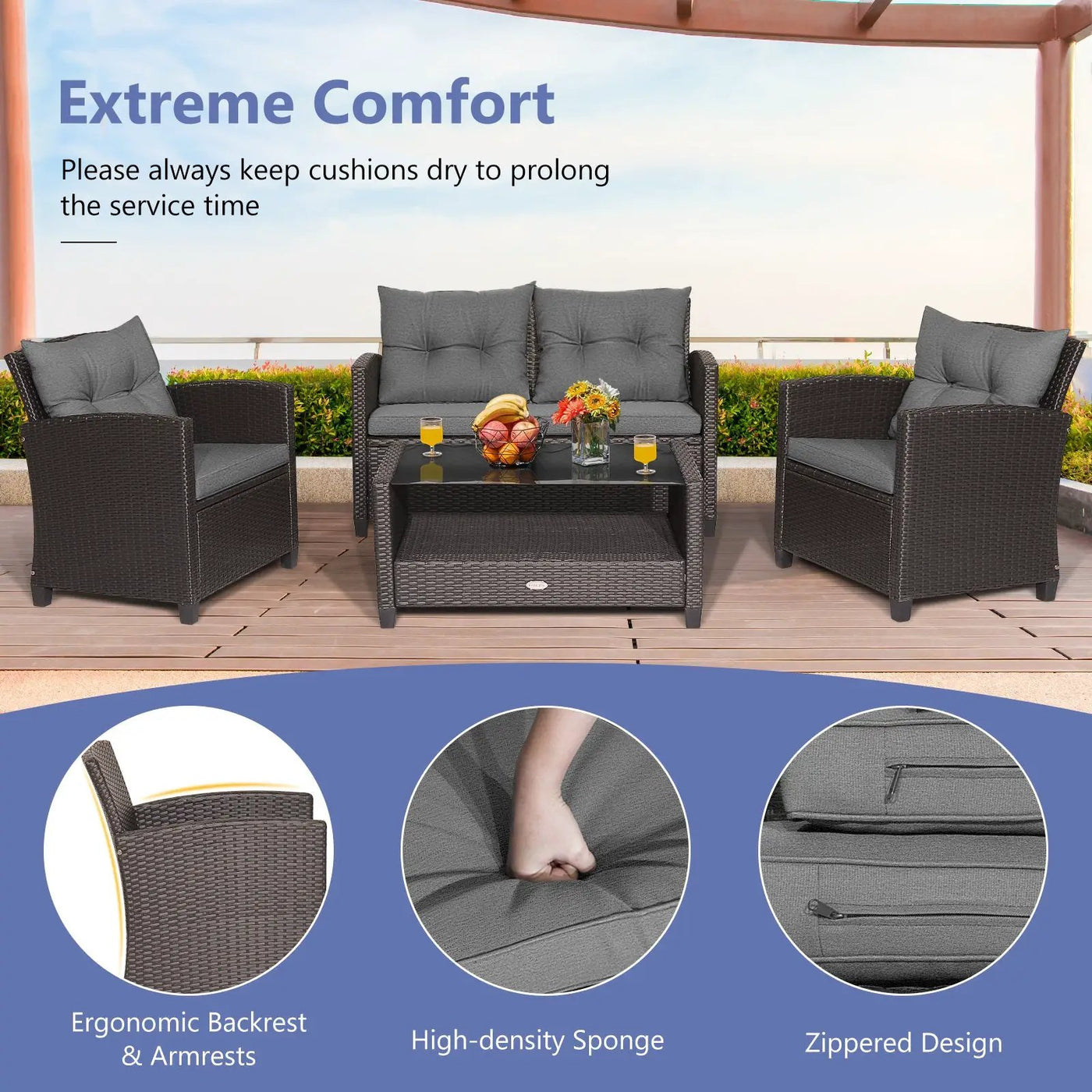 4 Pieces Patio Rattan Conversation Furniture Set with Glass Top Coffee Table-Gray by DirectDeals