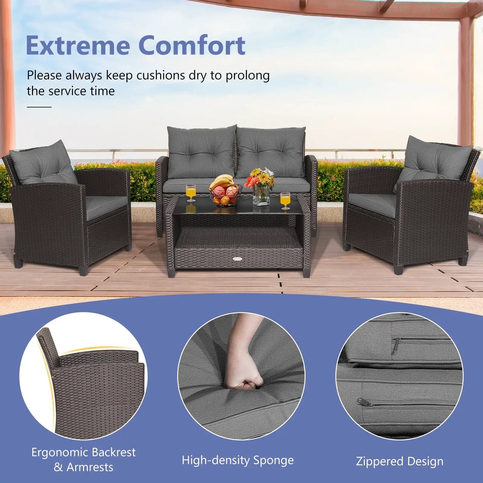4 Pieces Patio Rattan Conversation Furniture Set with Glass Top Coffee Table-Gray by DirectDeals