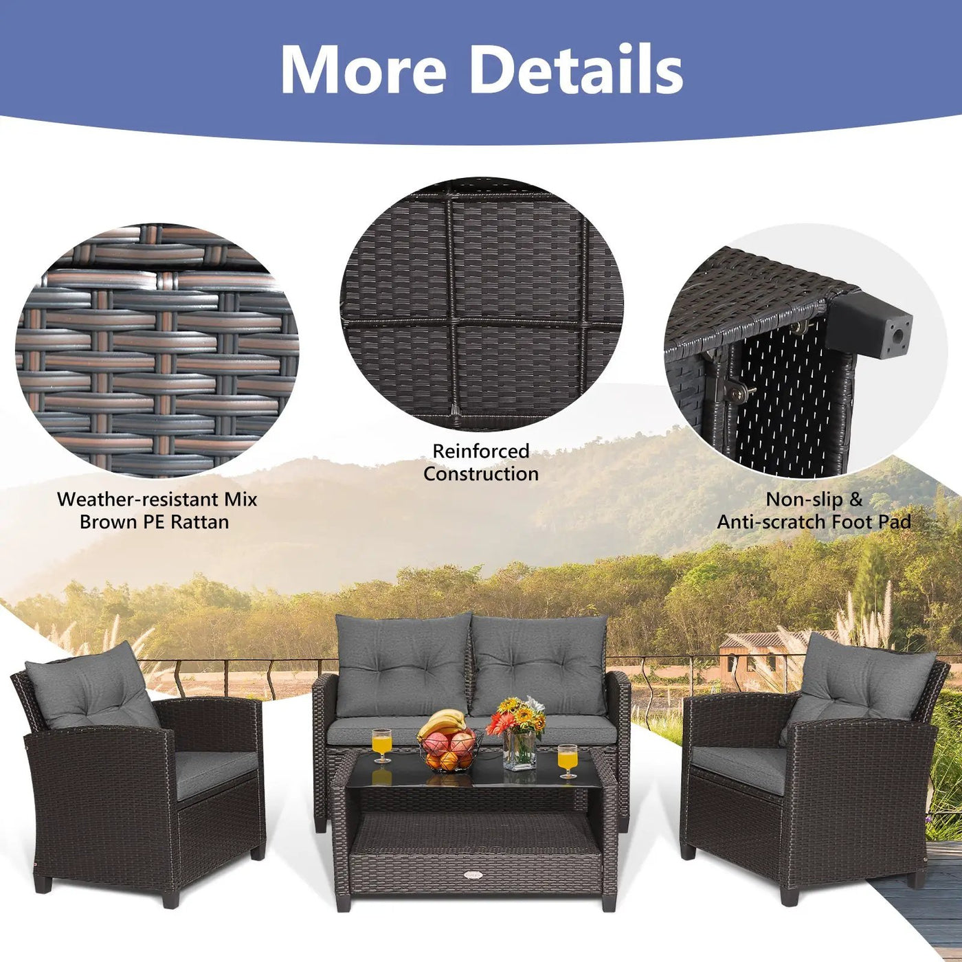 4 Pieces Patio Rattan Conversation Furniture Set with Glass Top Coffee Table-Gray by DirectDeals