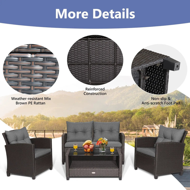 4 Pieces Patio Rattan Conversation Furniture Set with Glass Top Coffee Table-Gray by DirectDeals