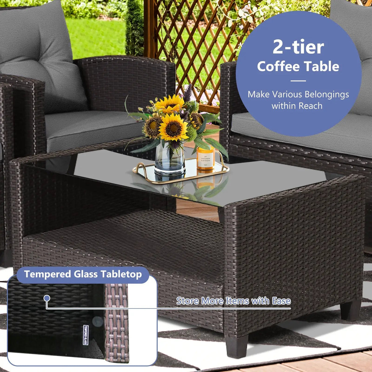 4 Pieces Patio Rattan Conversation Furniture Set with Glass Top Coffee Table-Gray by DirectDeals