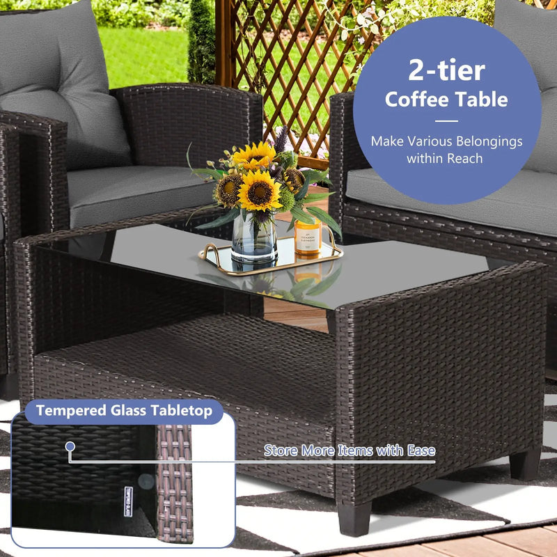 4 Pieces Patio Rattan Conversation Furniture Set with Glass Top Coffee Table-Gray by DirectDeals