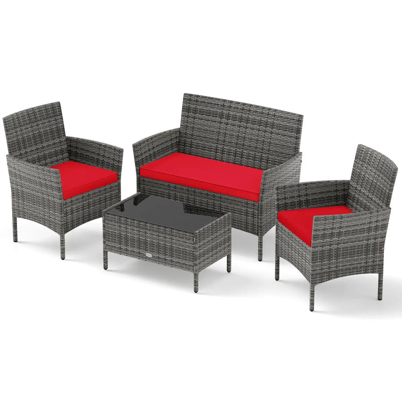 4 Pieces Patio Rattan Conversation Set with Tempered Glass Coffee Table by DirectDeals