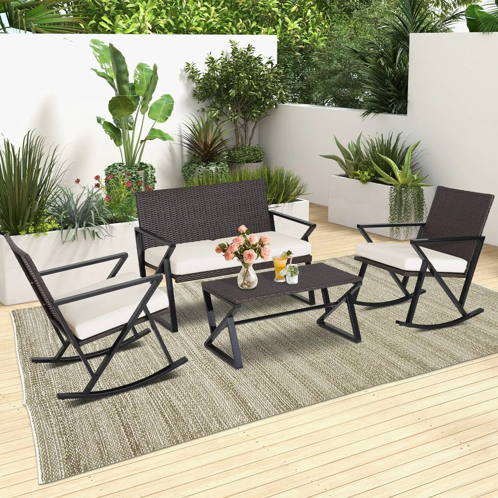 4 Pieces Rattan Patio Rocking Furniture Set with Loveseat and Coffee Table by DirectDeals