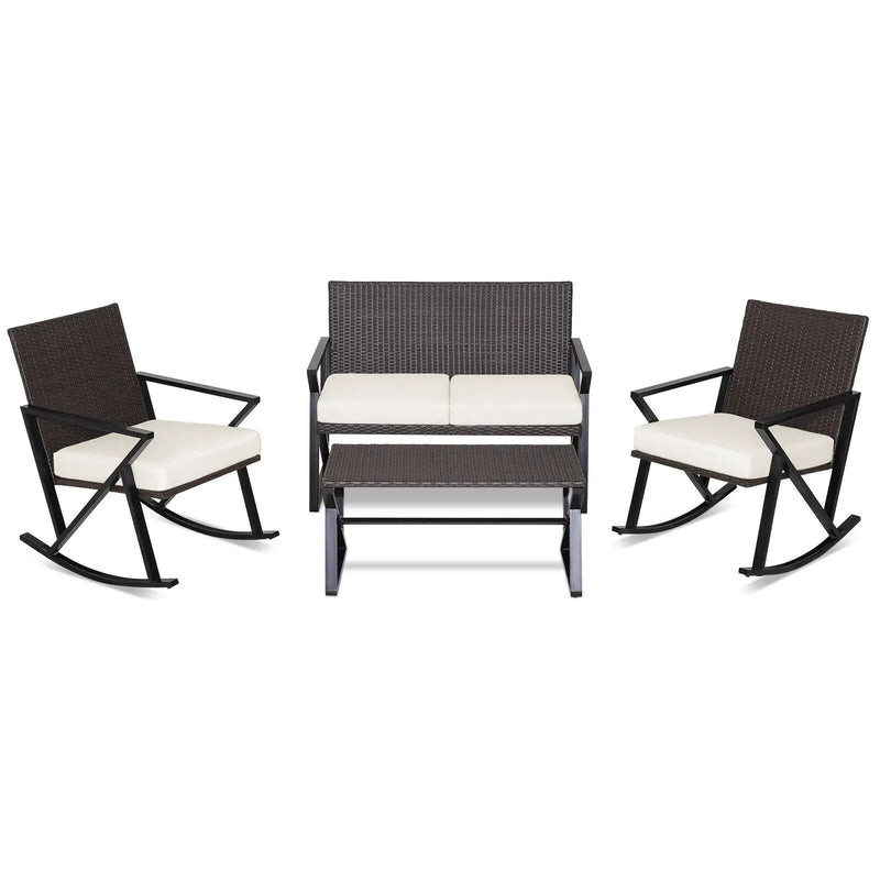 4 Pieces Rattan Patio Rocking Furniture Set with Loveseat and Coffee Table by DirectDeals