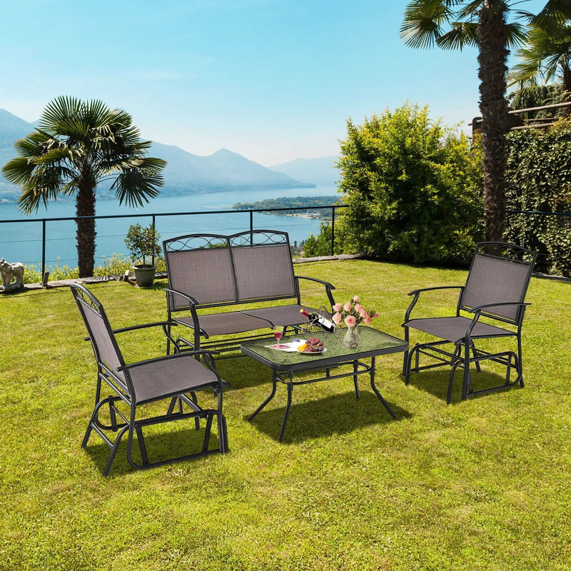 4 Piece Patio Glider Conversation Set with Tempered Glass Table Top-Brown by DirectDeals