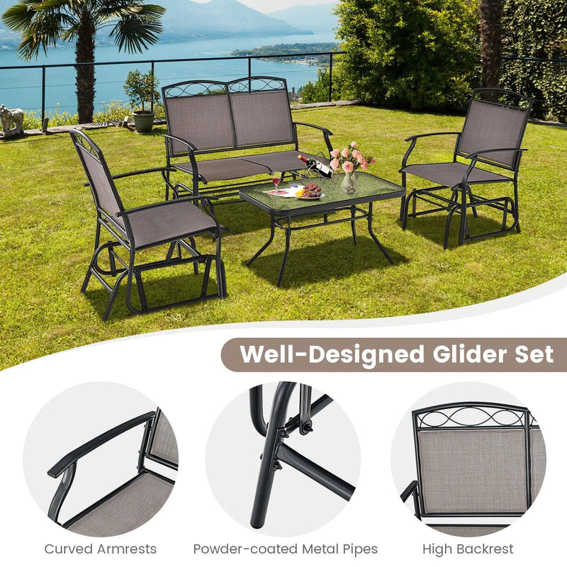 4 Piece Patio Glider Conversation Set with Tempered Glass Table Top-Brown by DirectDeals
