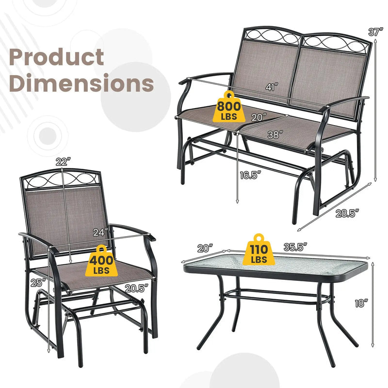 4 Piece Patio Glider Conversation Set with Tempered Glass Table Top-Brown by DirectDeals