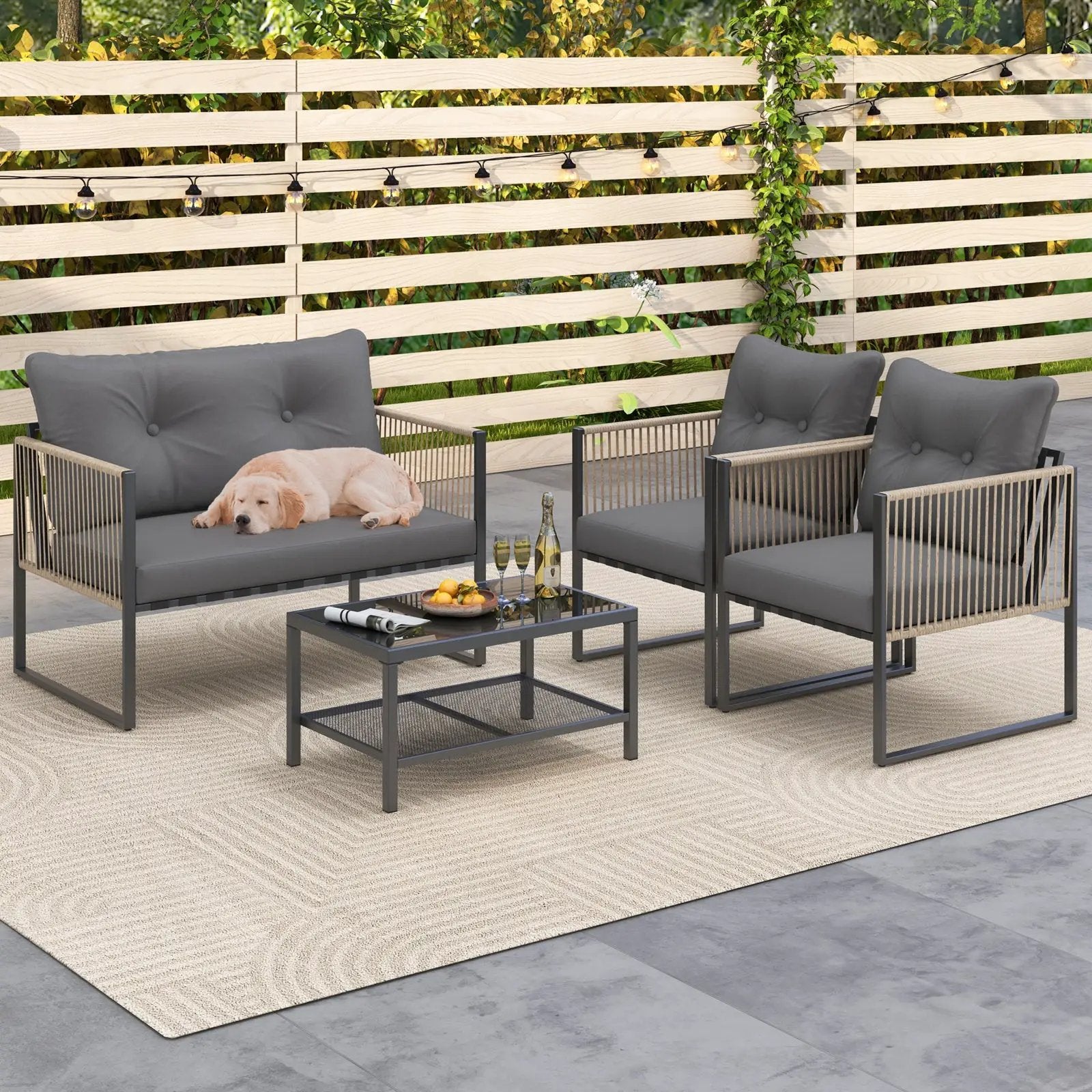 4 Pieces Outdoor PE Rattan Conversation Sofa Set with Cushions-Grey by DirectDeals