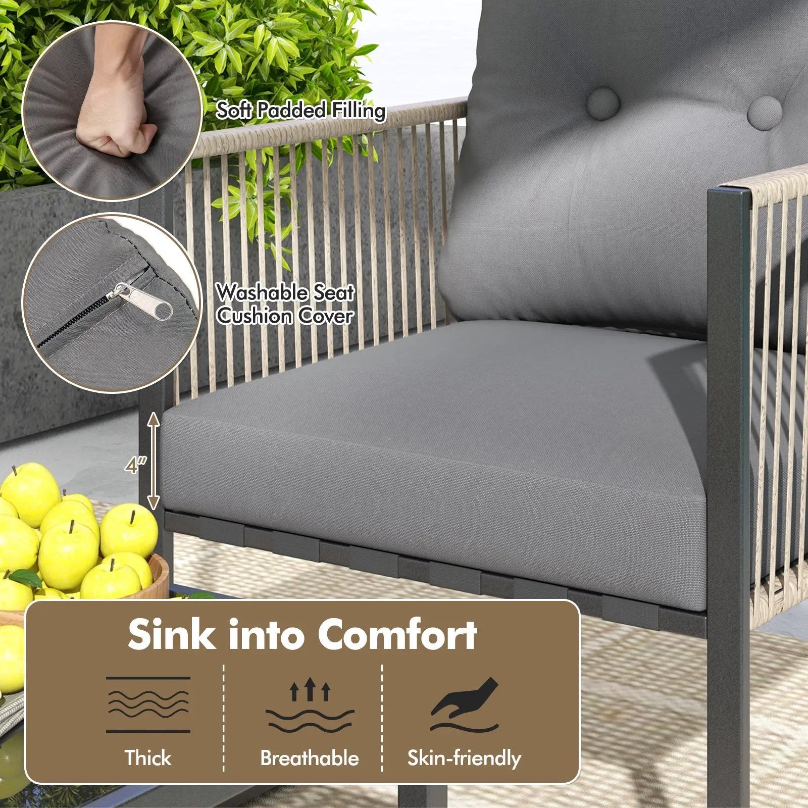 4 Pieces Outdoor PE Rattan Conversation Sofa Set with Cushions-Grey by DirectDeals