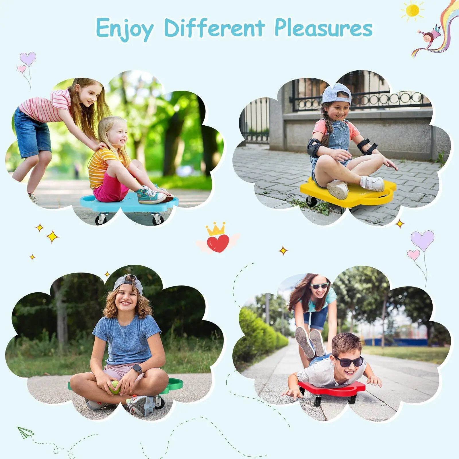 4 Pieces Kids Sitting Scooter Set with Non-marring Universal Casters-Multicolor by DirectDeals
