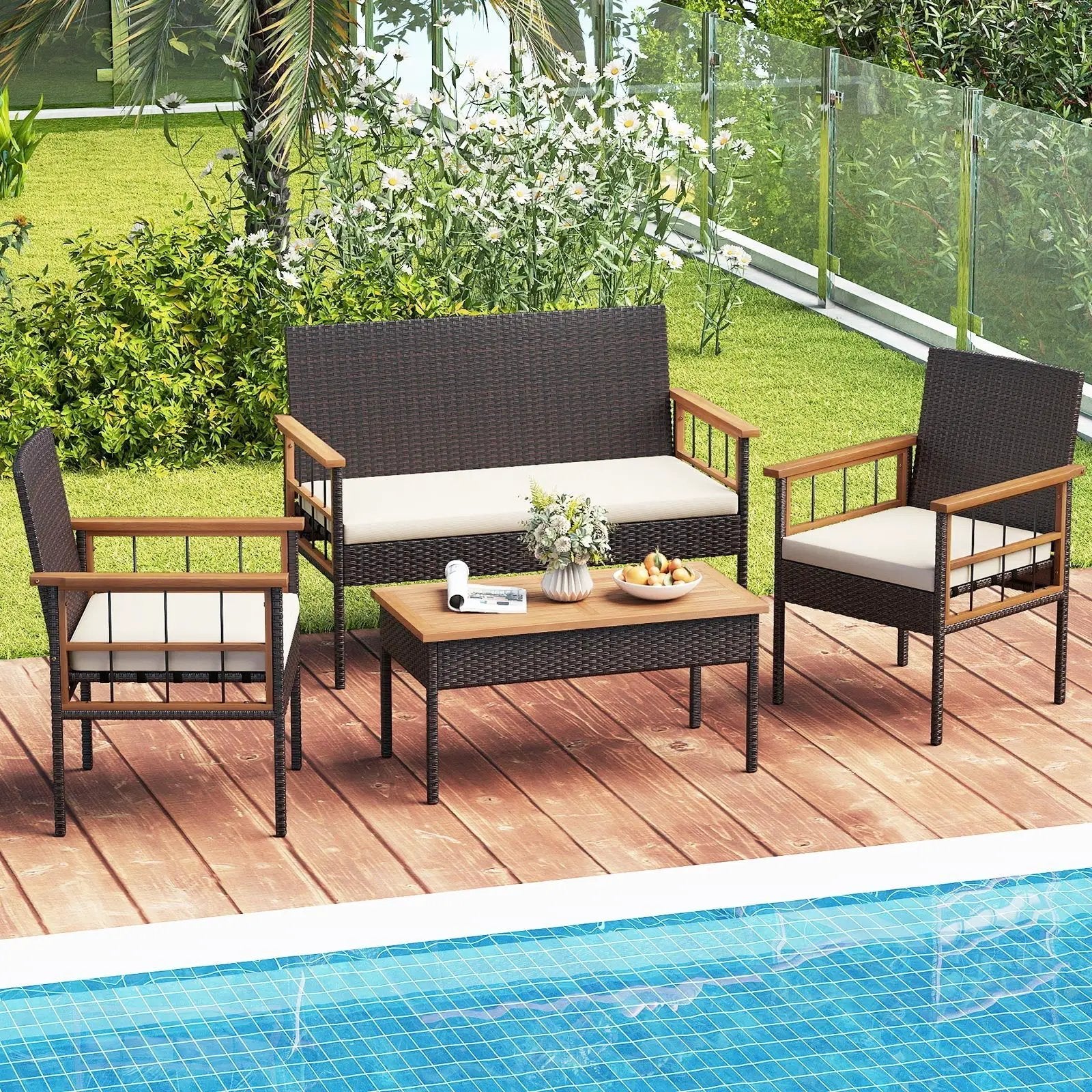 4 Pieces Wicker Furniture Set with Acacia Wood Tabletop and Armrests for Porch-White by DirectDeals
