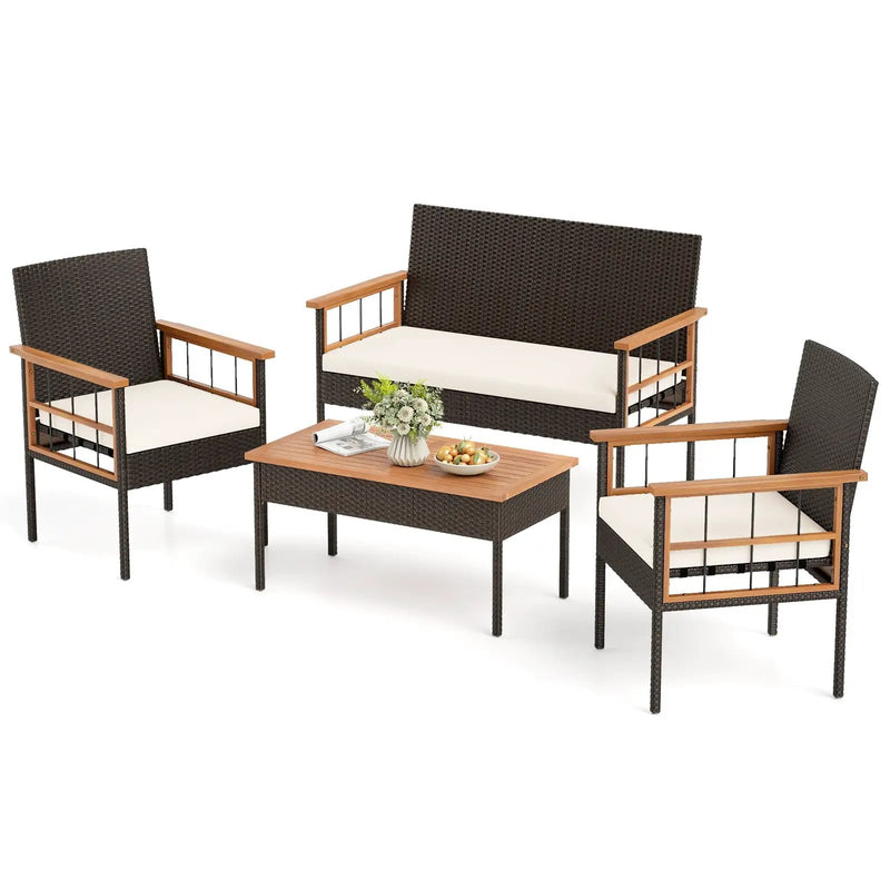 4 Pieces Wicker Furniture Set with Acacia Wood Tabletop and Armrests for Porch-White by DirectDeals