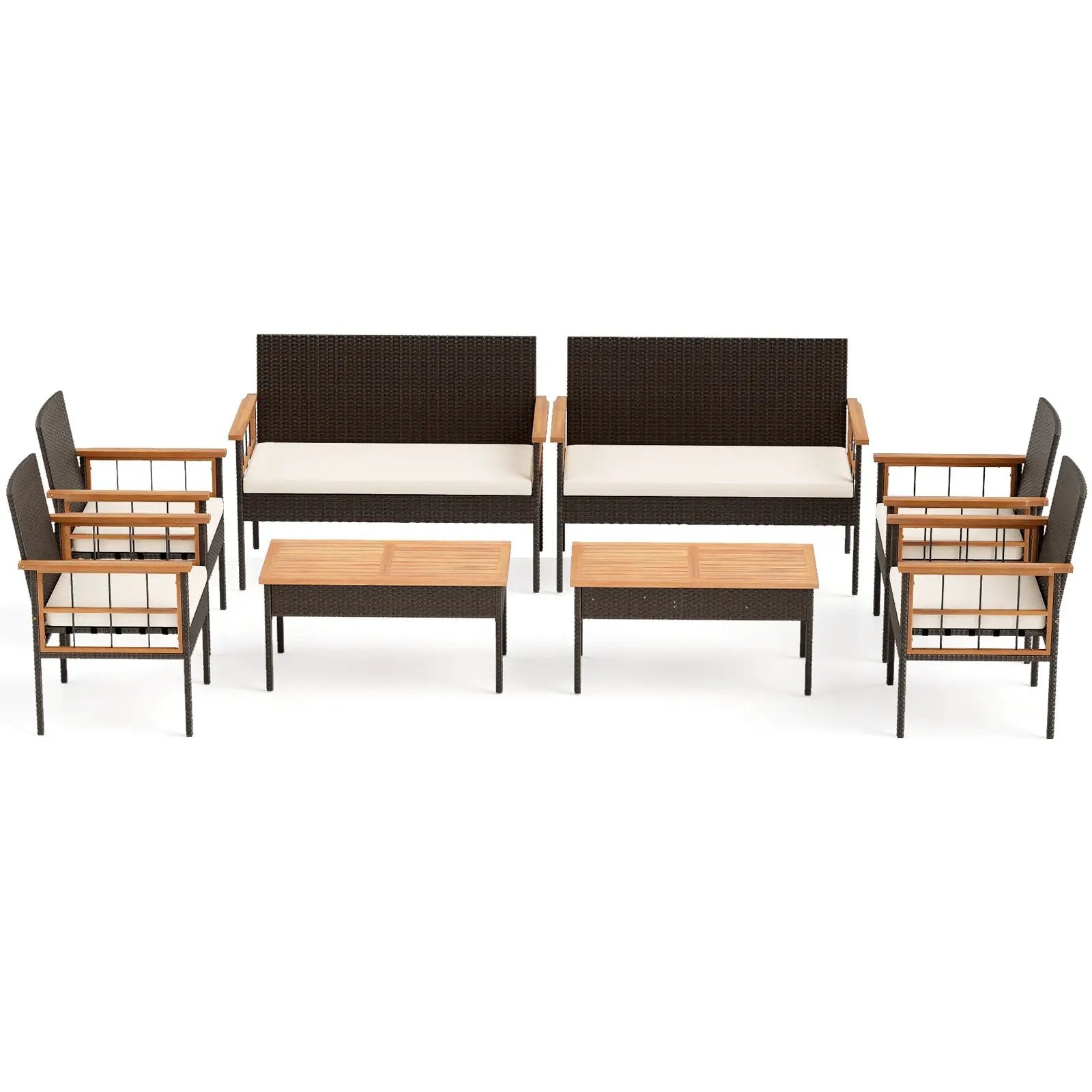 4 Pieces Wicker Furniture Set with Acacia Wood Tabletop and Armrests for Porch-White by DirectDeals