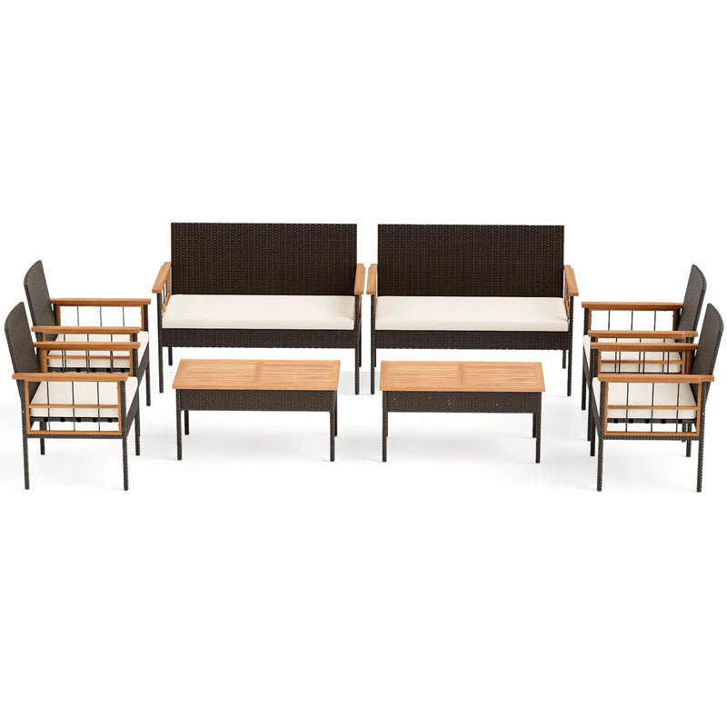 4 Pieces Wicker Furniture Set with Acacia Wood Tabletop and Armrests for Porch-White by DirectDeals