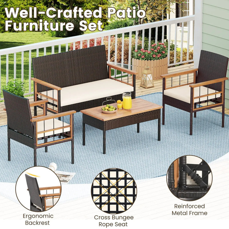 4 Pieces Wicker Furniture Set with Acacia Wood Tabletop and Armrests for Porch-White by DirectDeals