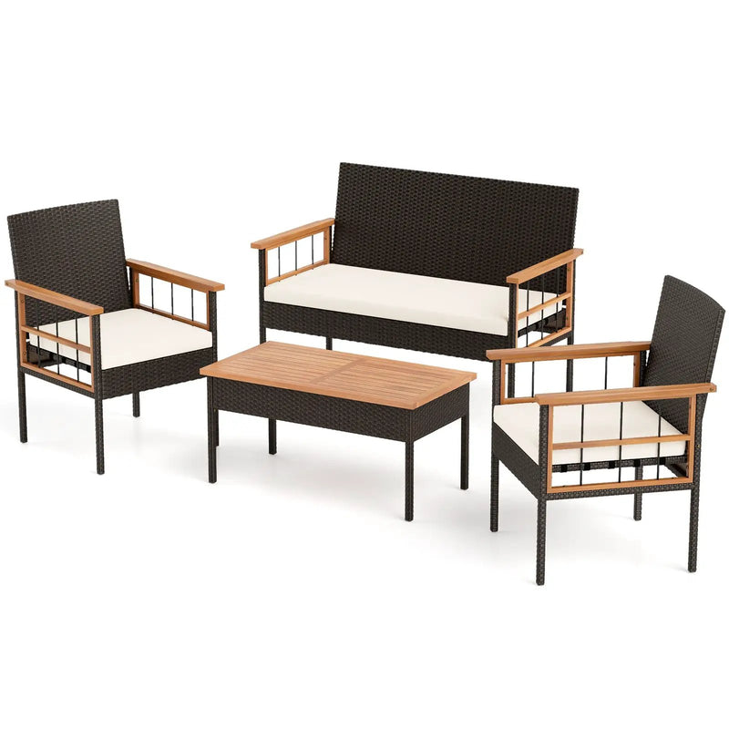 4 Pieces Wicker Furniture Set with Acacia Wood Tabletop and Armrests for Porch-White by DirectDeals