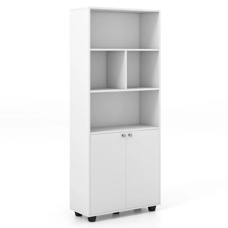 66 Inch Tall Double-Door Bookcase with Adjustable Shelf and Storage Cubes-White by DirectDeals