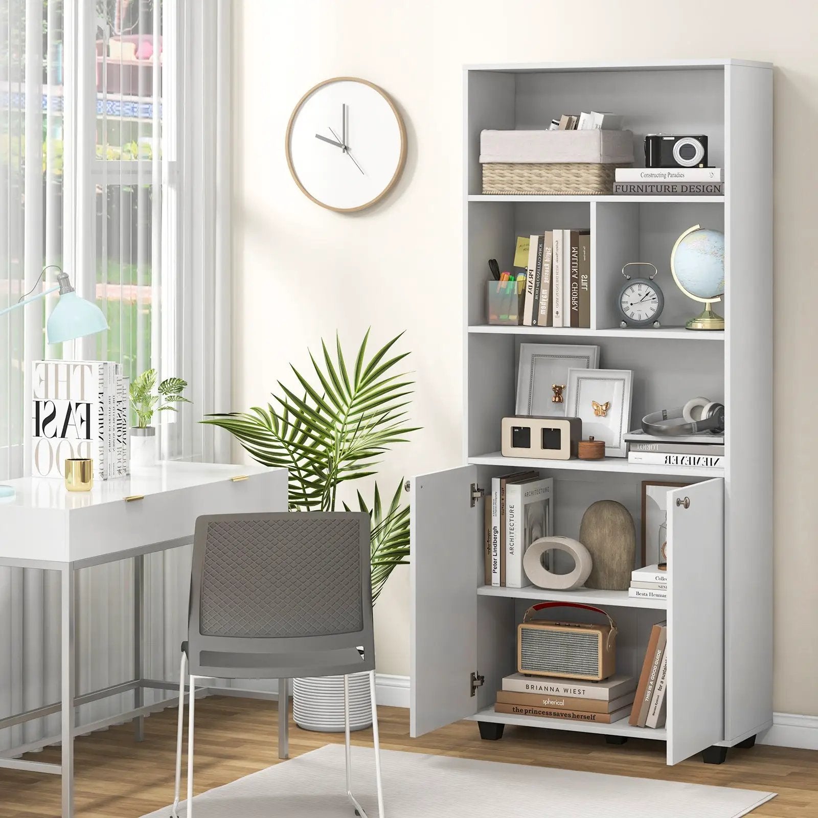66 Inch Tall Double-Door Bookcase with Adjustable Shelf and Storage Cubes-White by DirectDeals