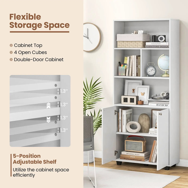 66 Inch Tall Double-Door Bookcase with Adjustable Shelf and Storage Cubes-White by DirectDeals