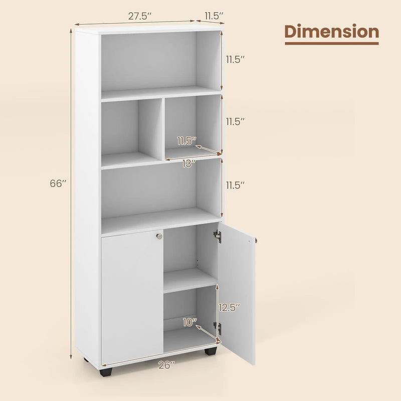 66 Inch Tall Double-Door Bookcase with Adjustable Shelf and Storage Cubes-White by DirectDeals