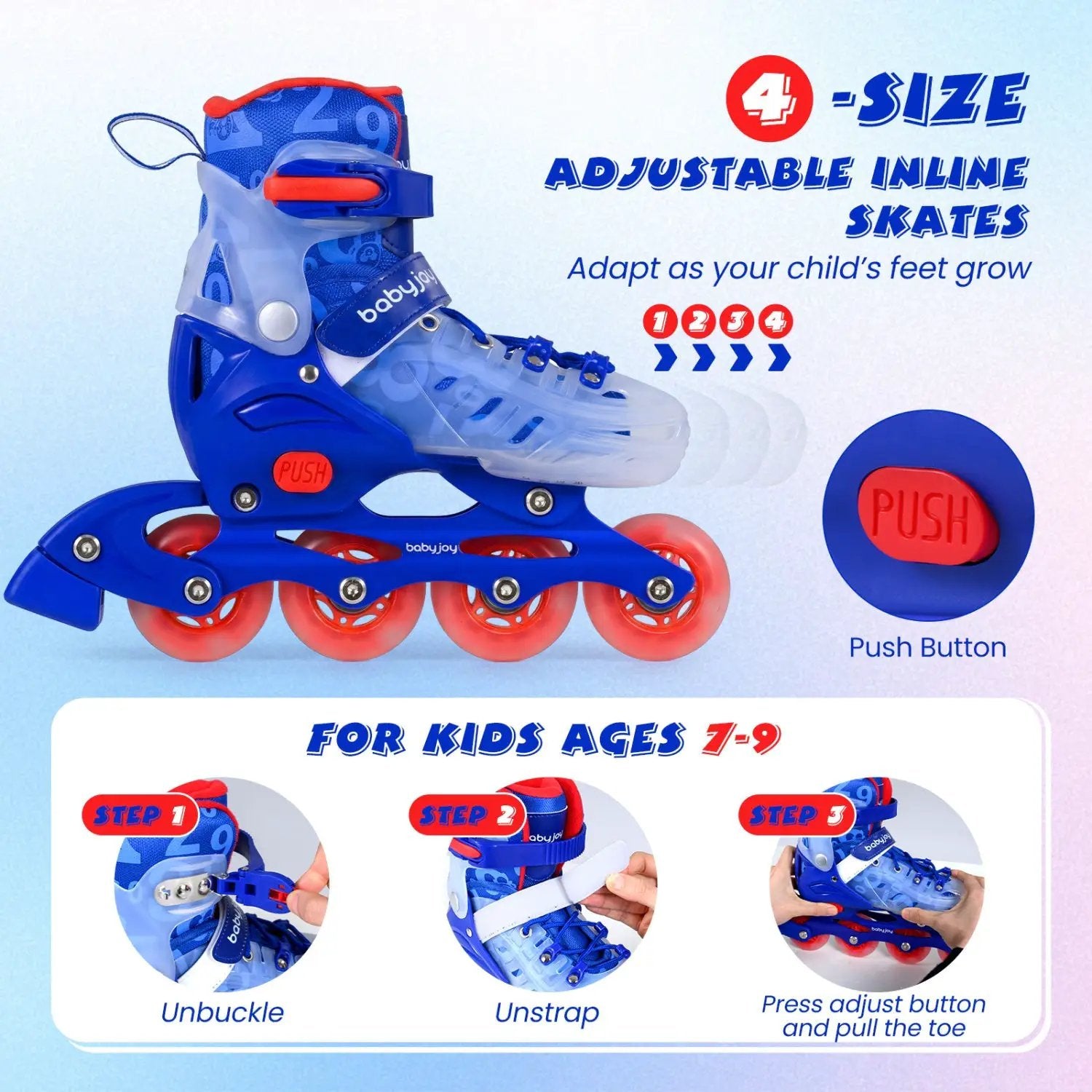 4-Size Adjustable Illuminating Kids Inline Skates with Light Up Wheels by DirectDeals