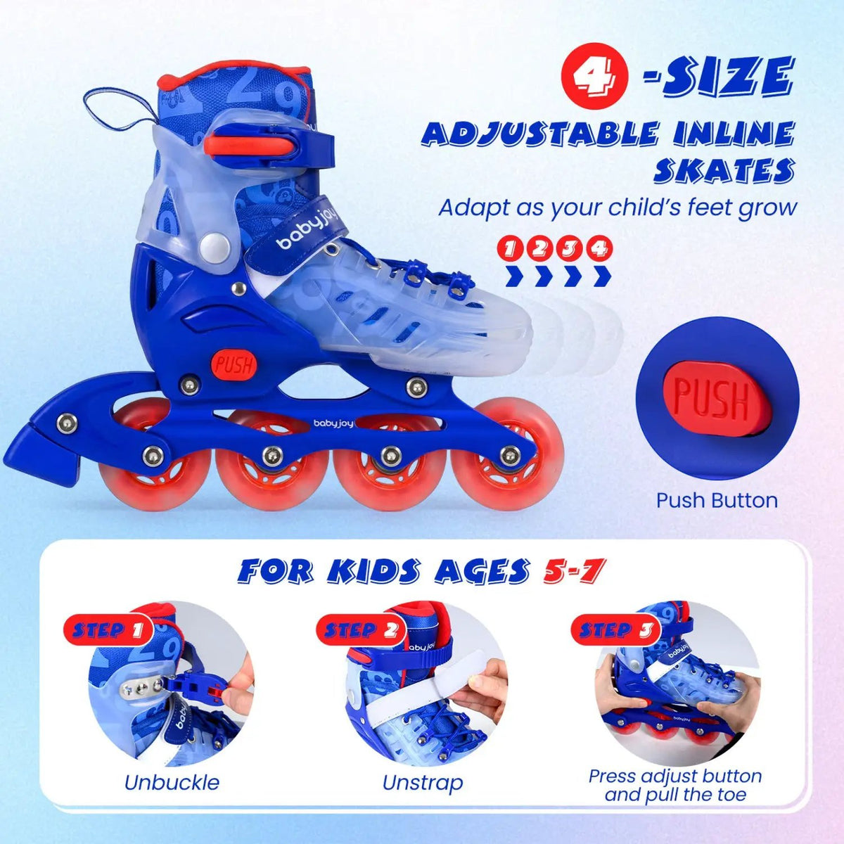 4-Size Adjustable Kids Inline Skates for Beginners Ages 5-7 by DirectDeals