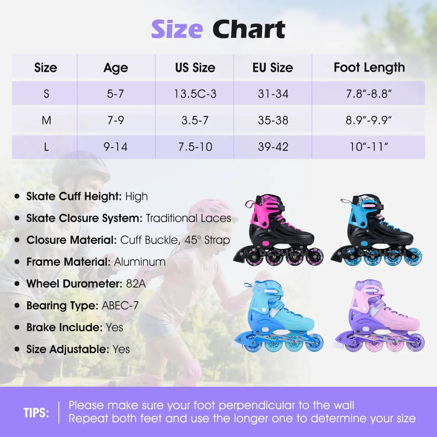 4-Size Adjustable Light-Up Kids Inline Skates for Kids Ages 7-9 by DirectDeals
