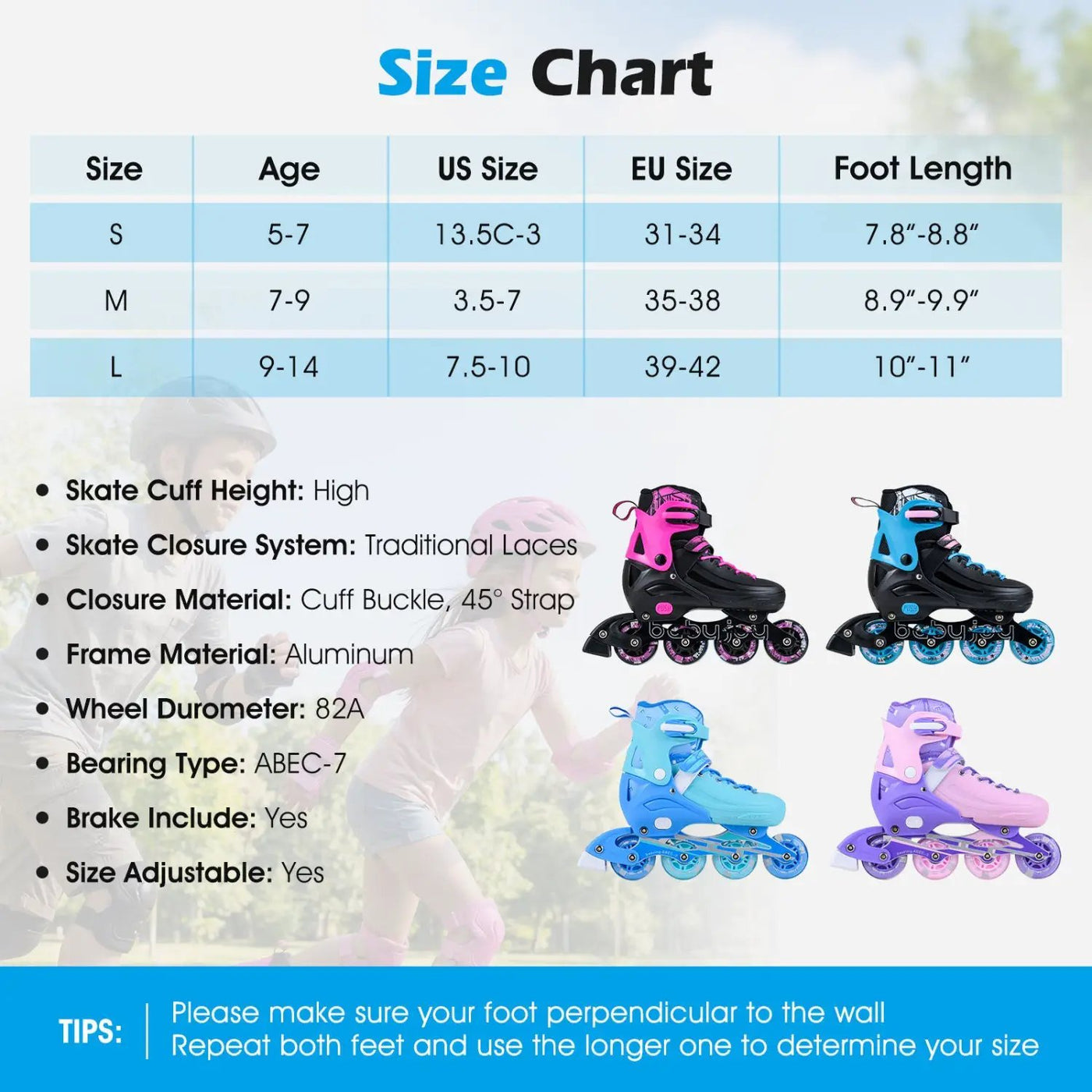 4-Size Adjustable Light-Up Kids Inline Skates for Kids Ages 9-14 by DirectDeals