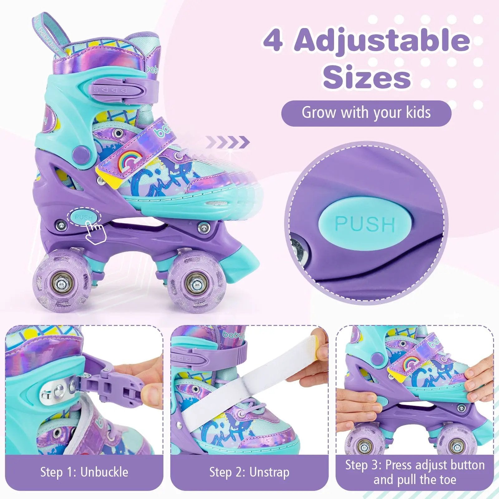 4 Sizes Adjustable Kids Roller Skates with Light-up Wheels and Safety Protection S Size-Purple by DirectDeals