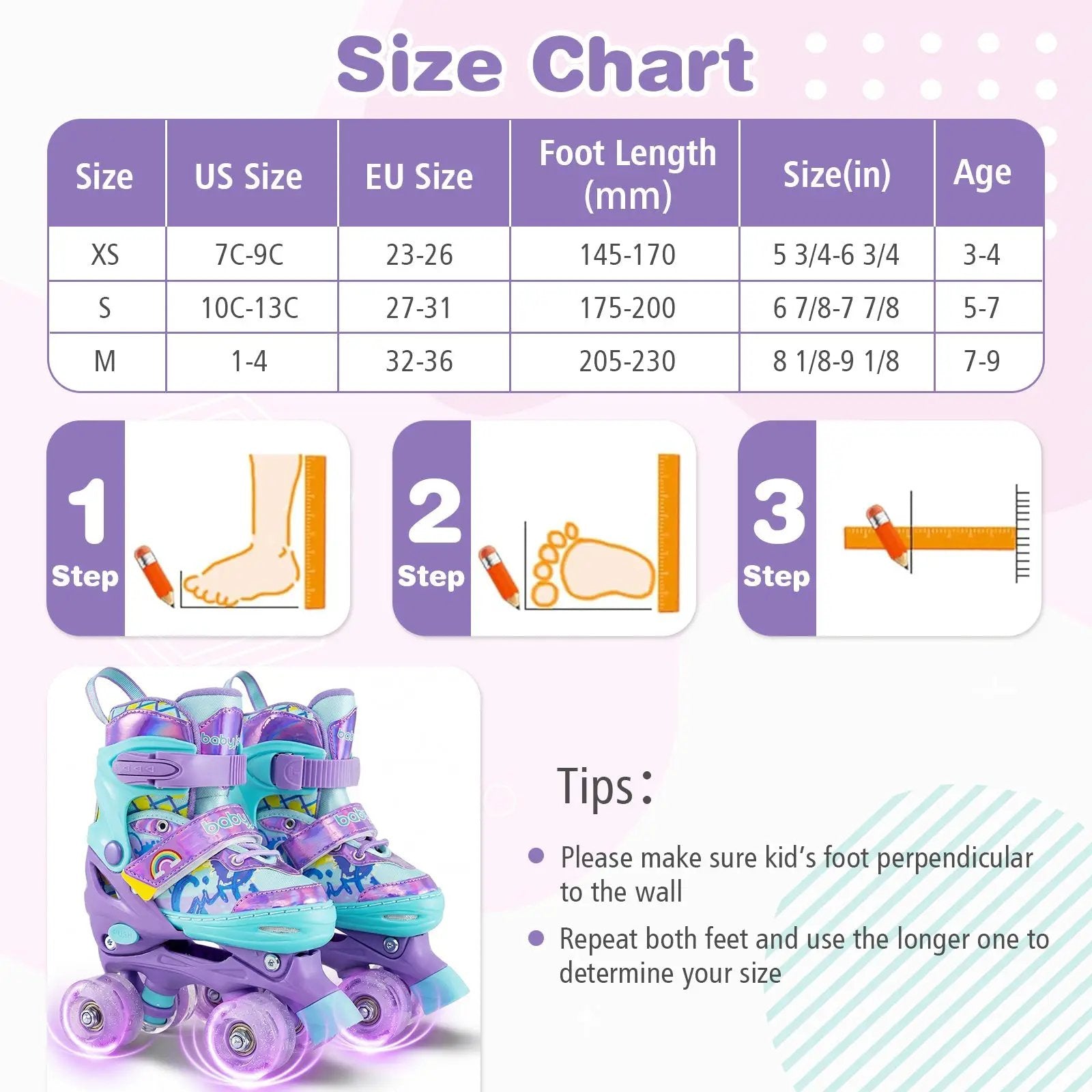 4 Sizes Adjustable Kids Roller Skates with Light-up Wheels and Safety Protection S Size-Purple by DirectDeals