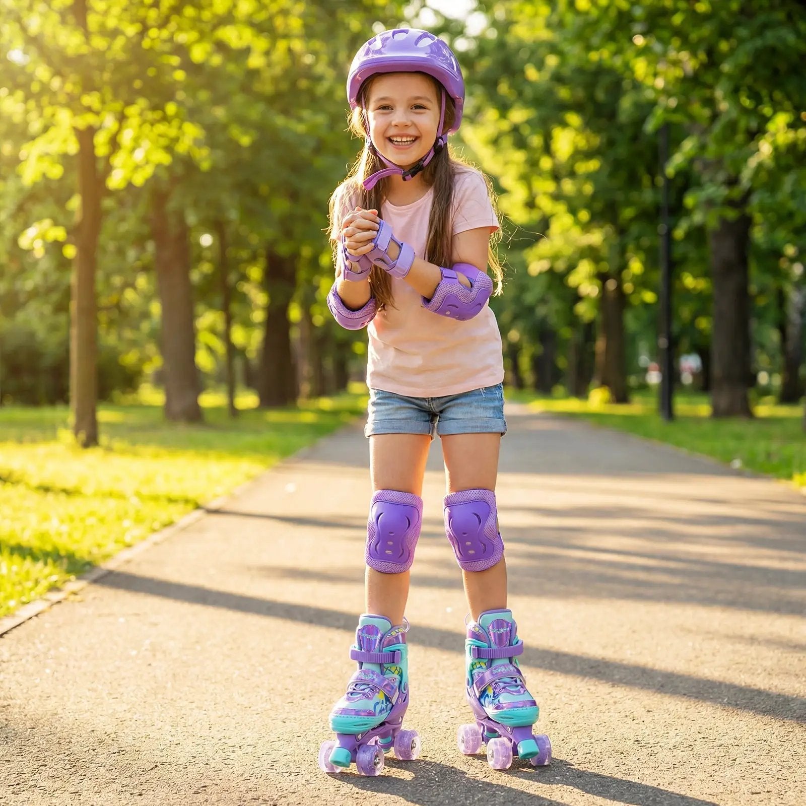 4 Sizes Adjustable Kids Roller Skates with Light-up Wheels and Safety Protection M Size-Purple by DirectDeals
