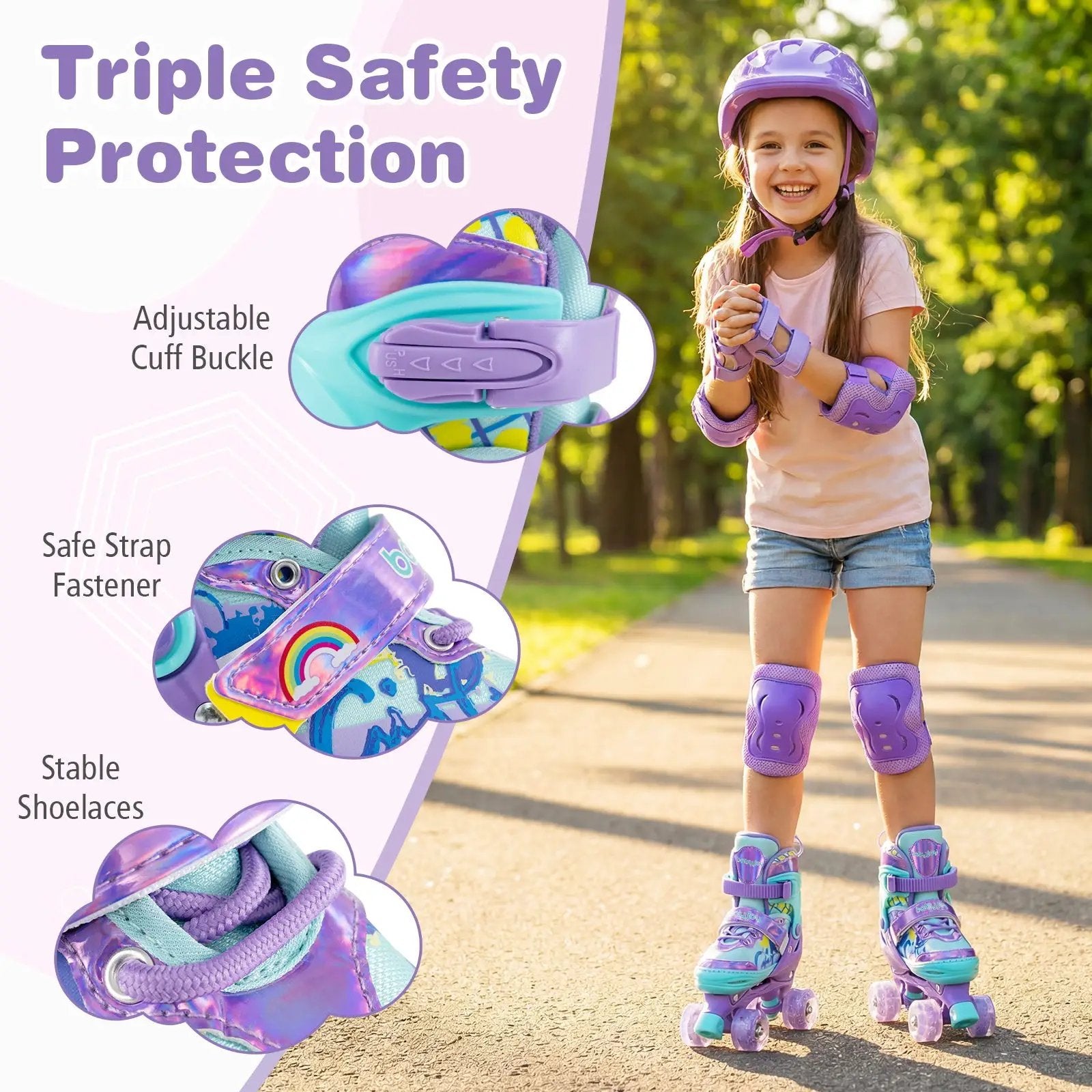 4 Sizes Adjustable Kids Roller Skates with Light-up Wheels and Safety Protection M Size-Purple by DirectDeals