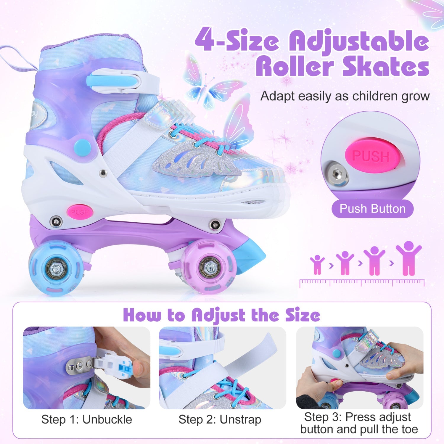 4 Sizes Adjustable Kids Roller Skates for Toddlers Ages 9-14 with 4 Light-up Wheels by DirectDeals