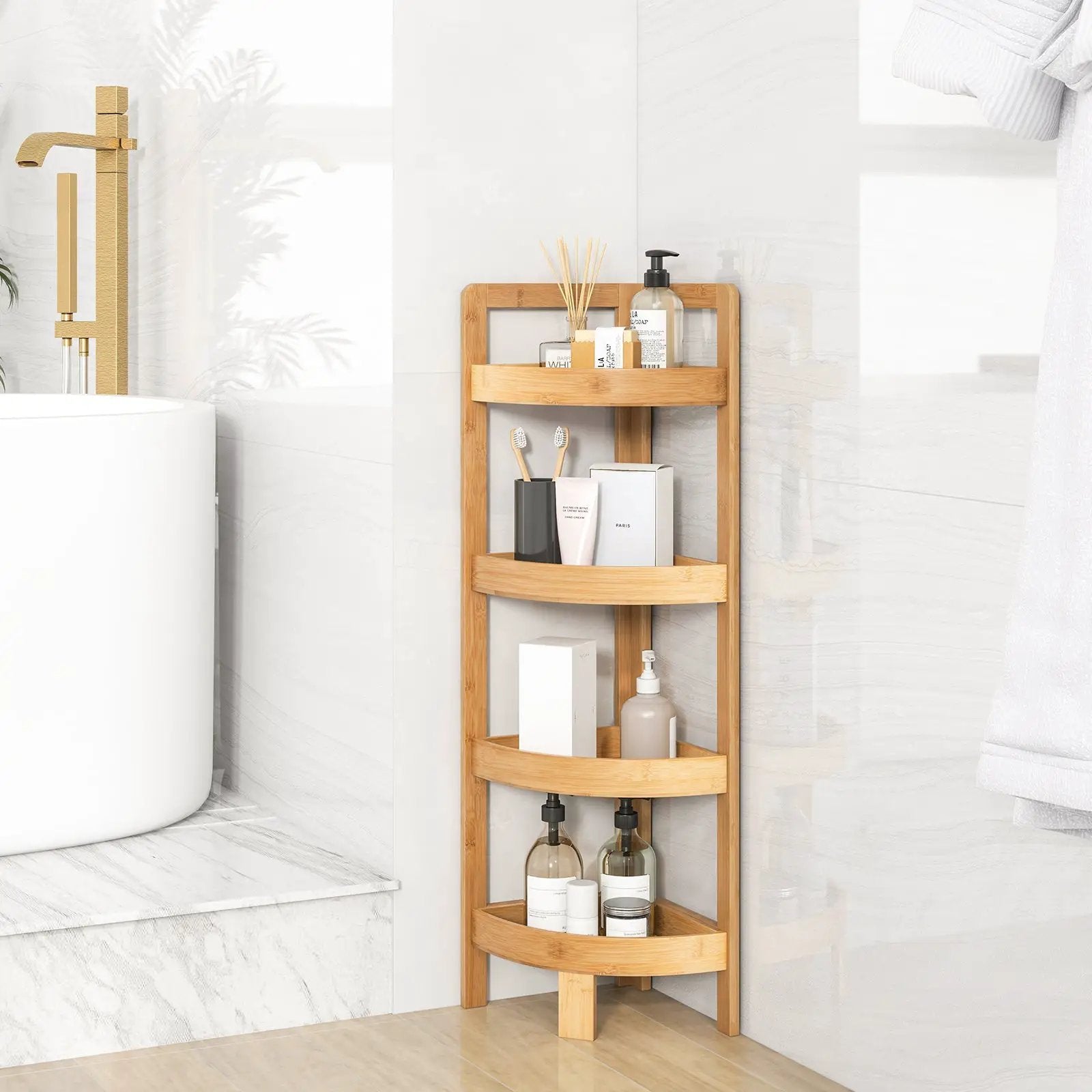 4 Tier Bamboo Corner Shelf Corner Freestanding Storage Organizer Shelving Unit for Bathroom-Natural by DirectDeals