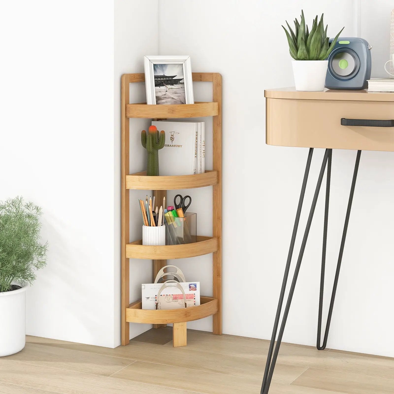 4 Tier Bamboo Corner Shelf Corner Freestanding Storage Organizer Shelving Unit for Bathroom-Natural by DirectDeals