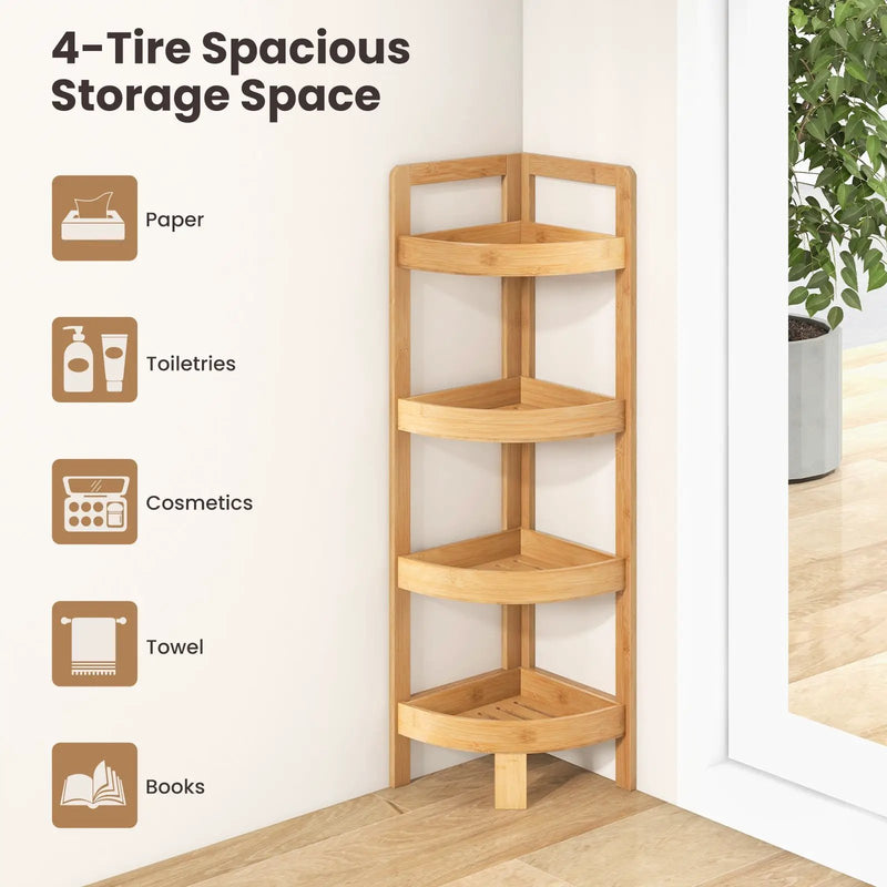 4 Tier Bamboo Corner Shelf Corner Freestanding Storage Organizer Shelving Unit for Bathroom-Natural by DirectDeals