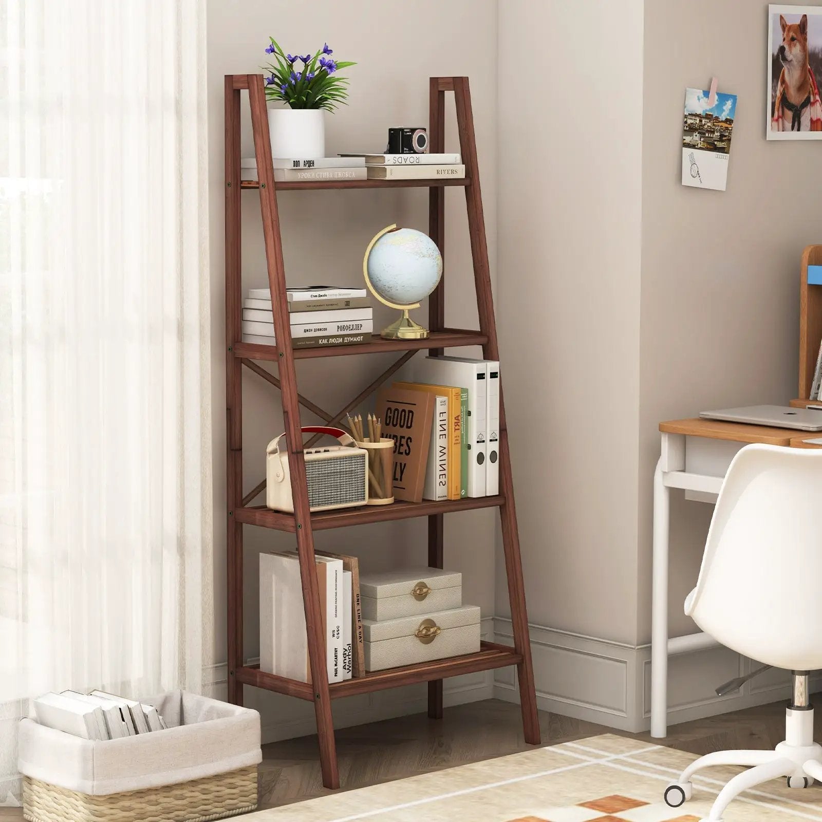 4-Tier Bamboo Ladder Bookshelf 58 Inch - Walnut by DirectDeals