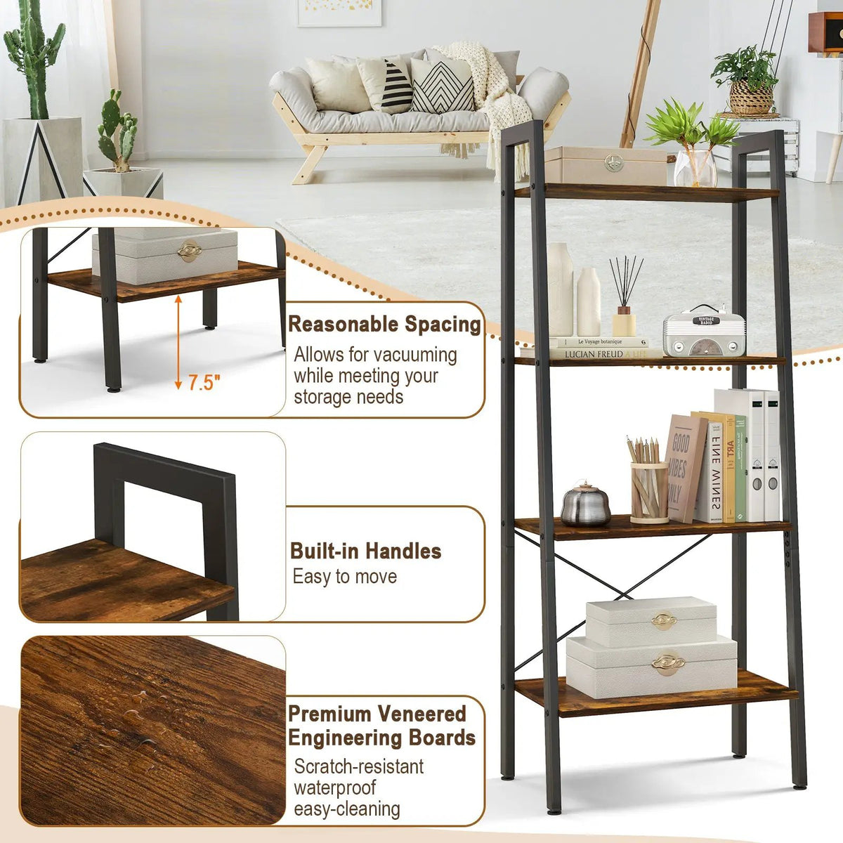 4-Tier Bookshelf with Metal Frame and Adjustable Foot Pads by DirectDeals