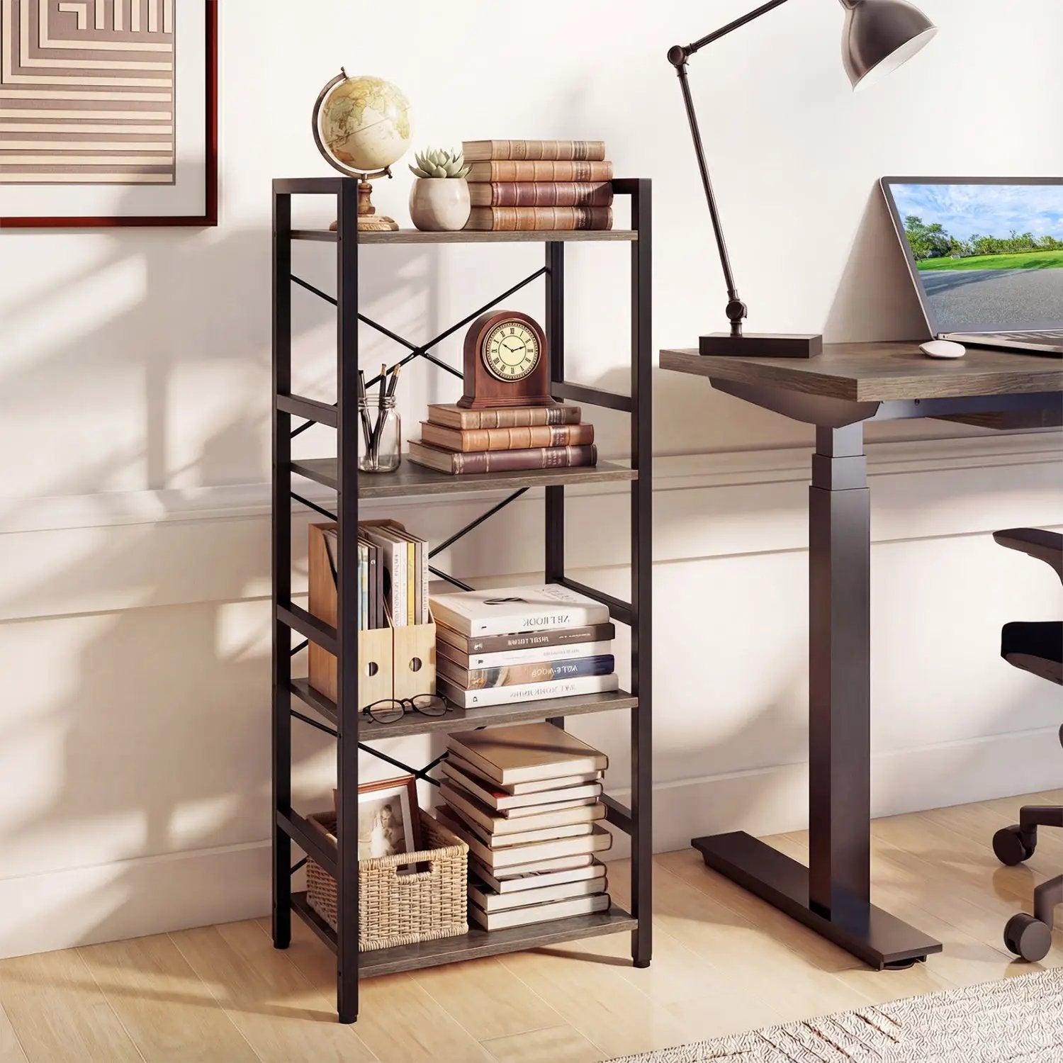 4-Tier Bookshelf Narrow Freestanding Display Shelf with Metal Frame by DirectDeals