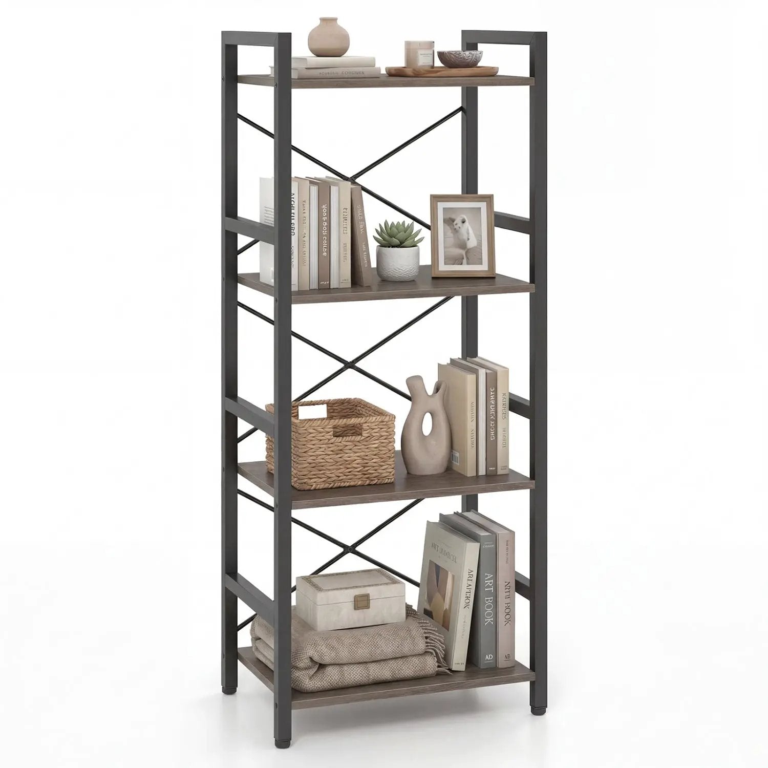 4-Tier Bookshelf Narrow Freestanding Display Shelf with Metal Frame by DirectDeals