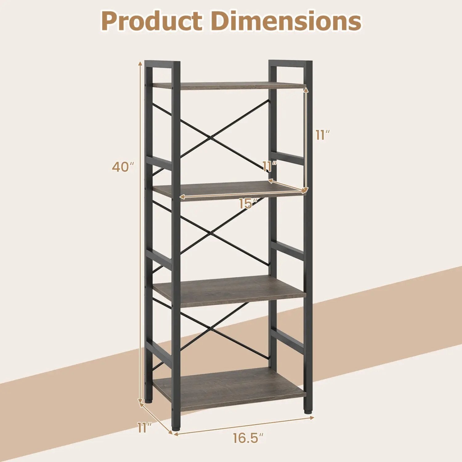 4-Tier Bookshelf Narrow Freestanding Display Shelf with Metal Frame by DirectDeals