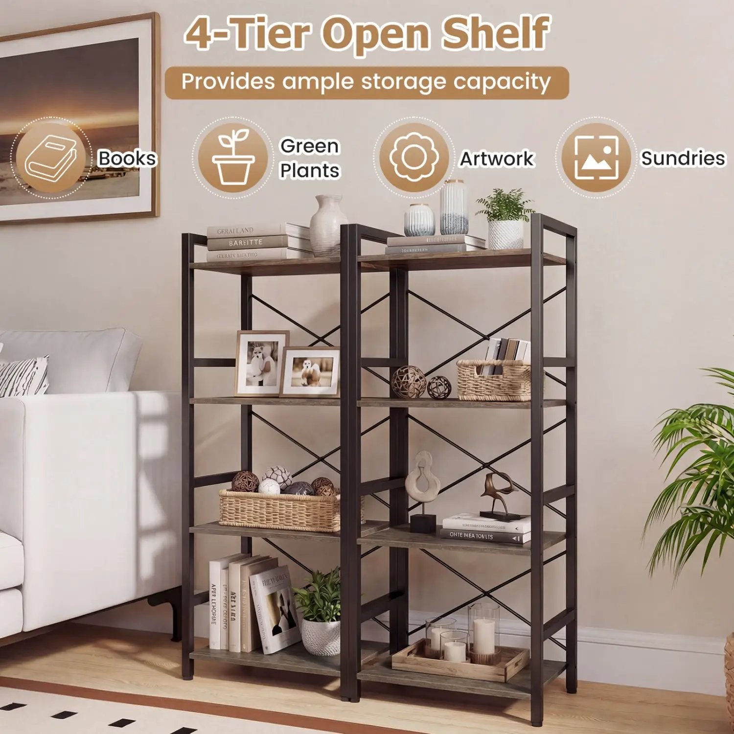 4-Tier Bookshelf Narrow Freestanding Display Shelf with Metal Frame by DirectDeals
