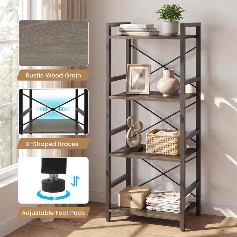 4-Tier Bookshelf Narrow Freestanding Display Shelf with Metal Frame by DirectDeals