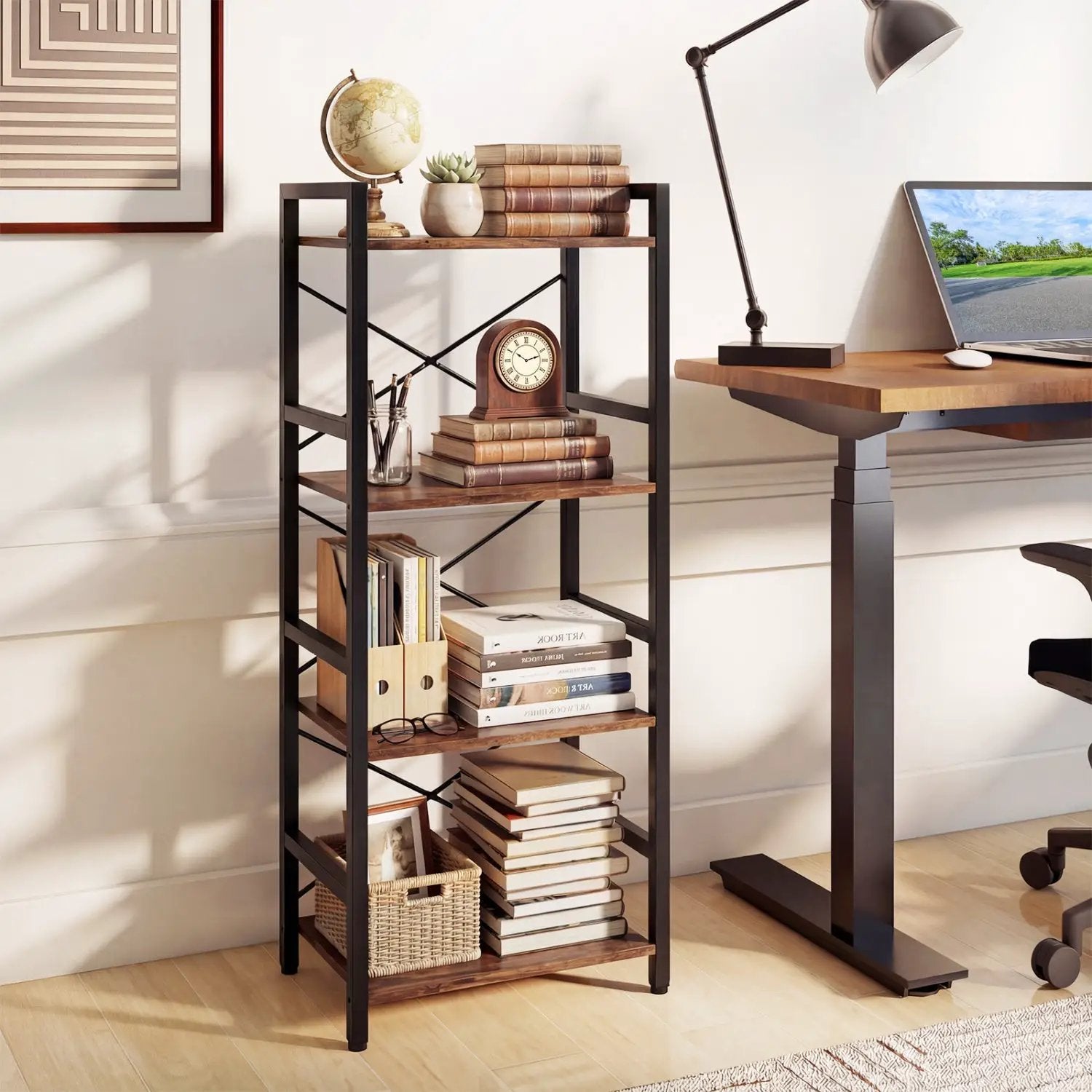 4-Tier Bookshelf Narrow Freestanding Display Shelf with Metal Frame by DirectDeals
