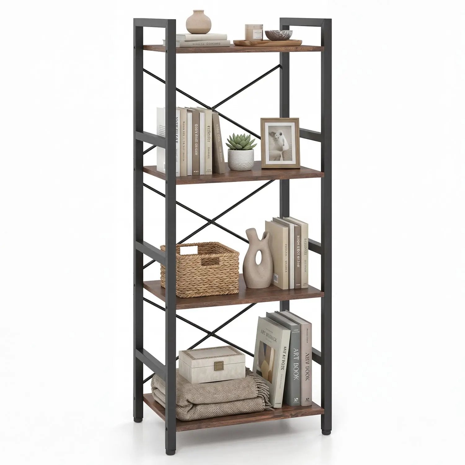 4-Tier Bookshelf Narrow Freestanding Display Shelf with Metal Frame by DirectDeals