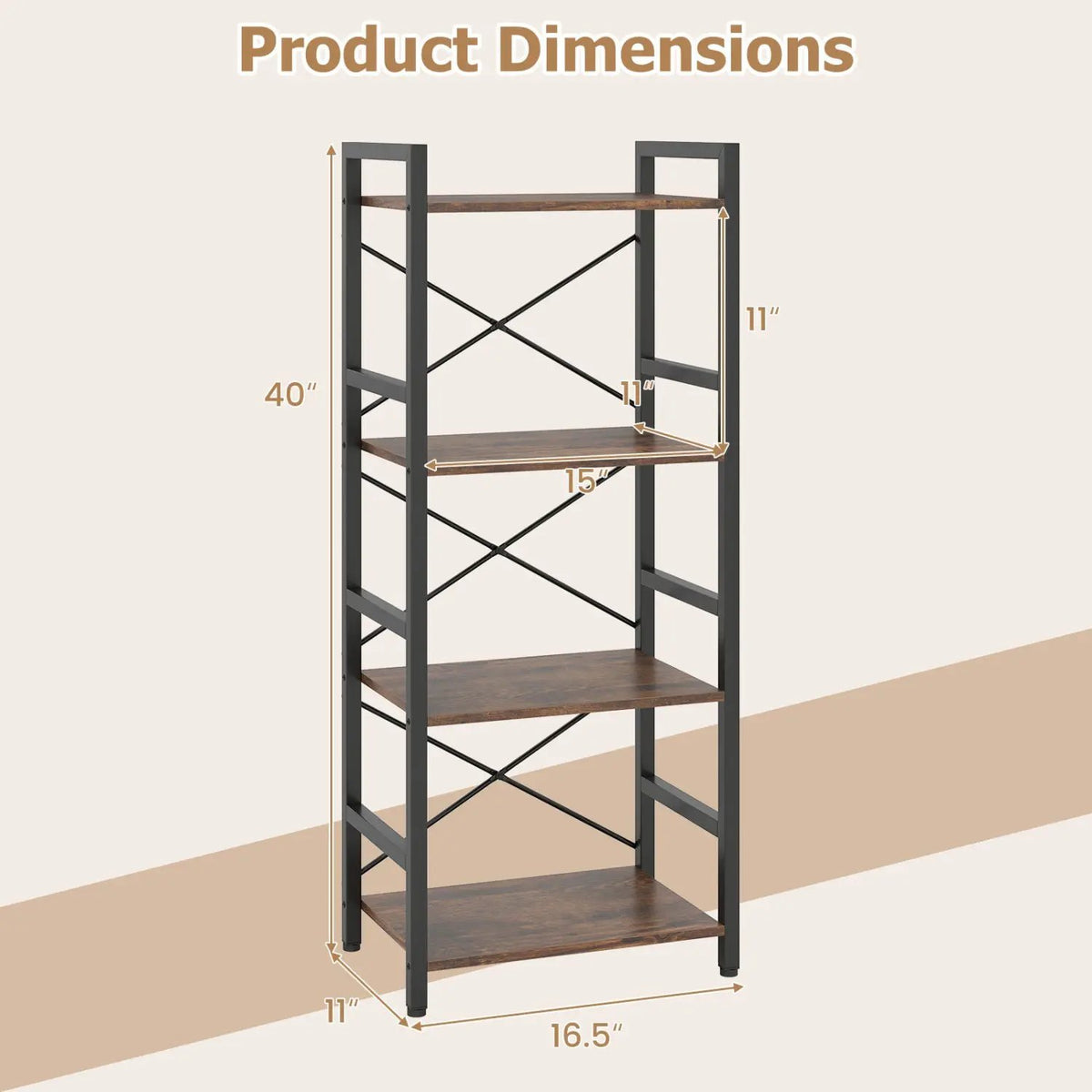 4-Tier Bookshelf Narrow Freestanding Display Shelf with Metal Frame by DirectDeals