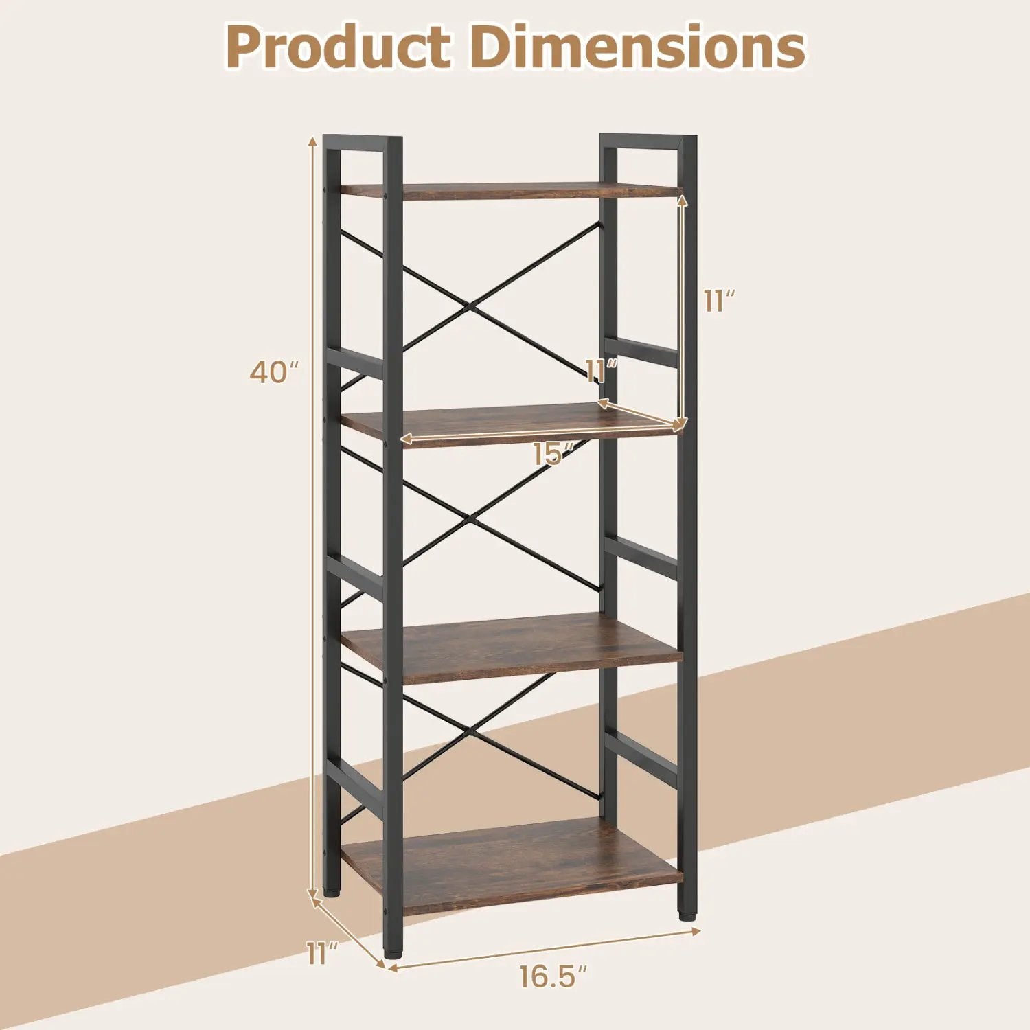 4-Tier Bookshelf Narrow Freestanding Display Shelf with Metal Frame by DirectDeals